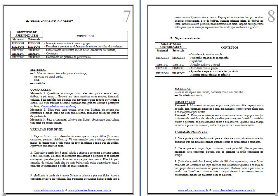 Trânsito para Maternal e Pré-escola - Planos de Aula e Projetos