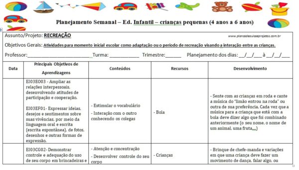 adaptação e recreação para a pré-escola