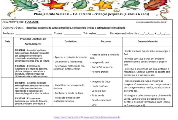 planos de aula sobre folclore para pré-escola