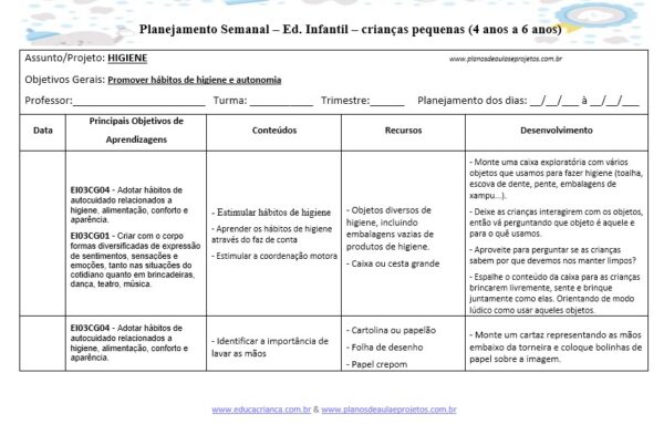 planos de aula sobre higiene para educação infantil