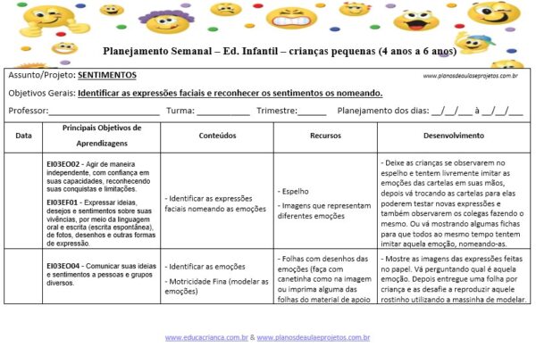 plano de aula sobre sentimentos para pré escola